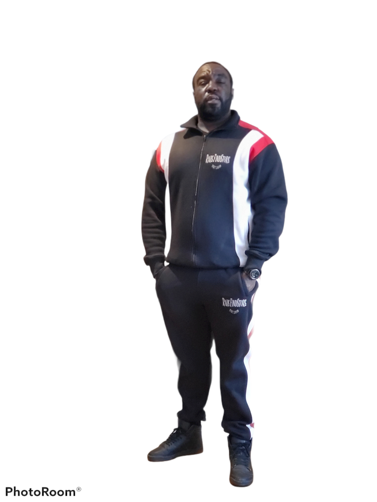 Red white shop and black tracksuit